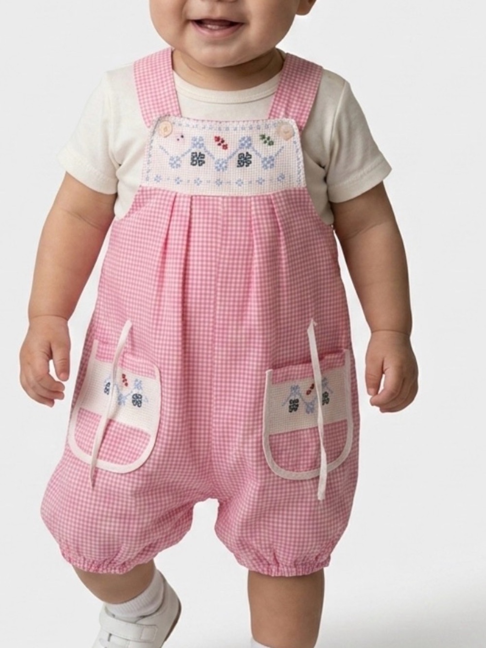 Vintage Pink Gingham One-Piece Bodysuit with Embroidered Pockets toddler